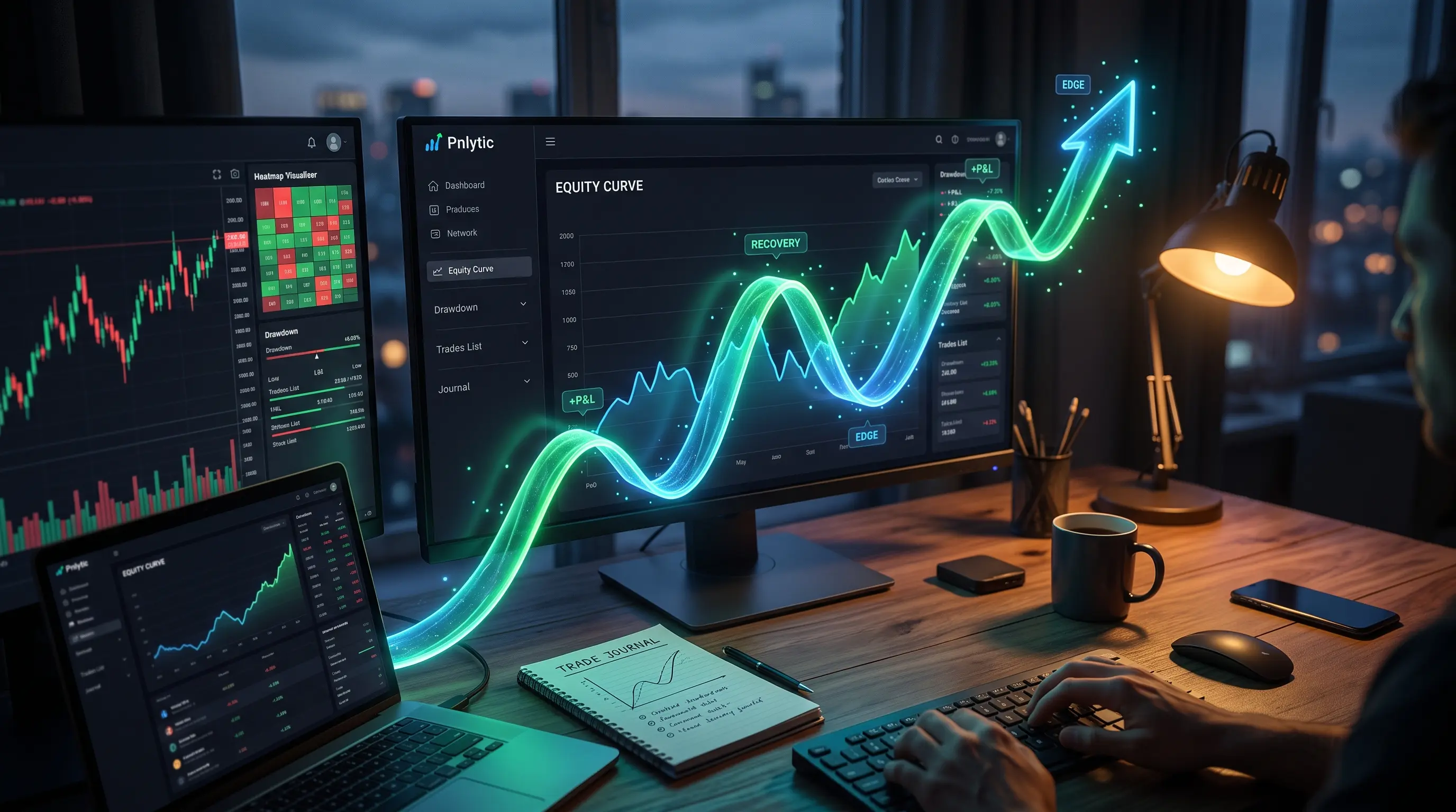 Trading journal dashboard showing an upward equity curve and cumulative P&L over time