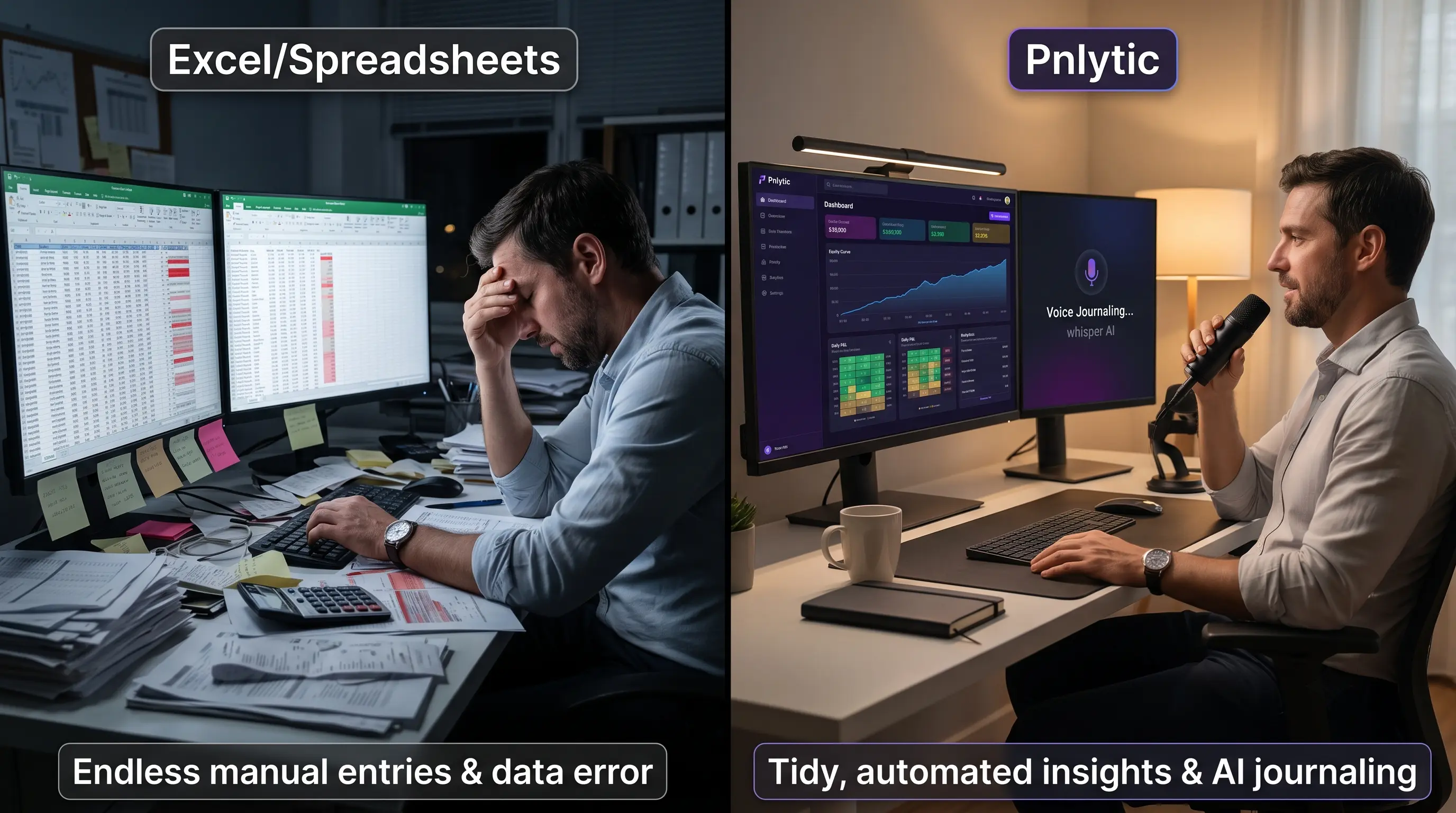 Excel trading spreadsheet beside a trading journal dashboard with equity curve and trade analytics