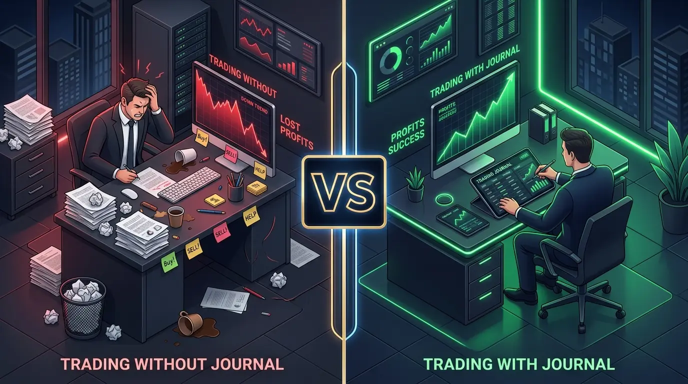 Comparison of a messy trading spreadsheet next to a clean Pnlytic trading journal dashboard