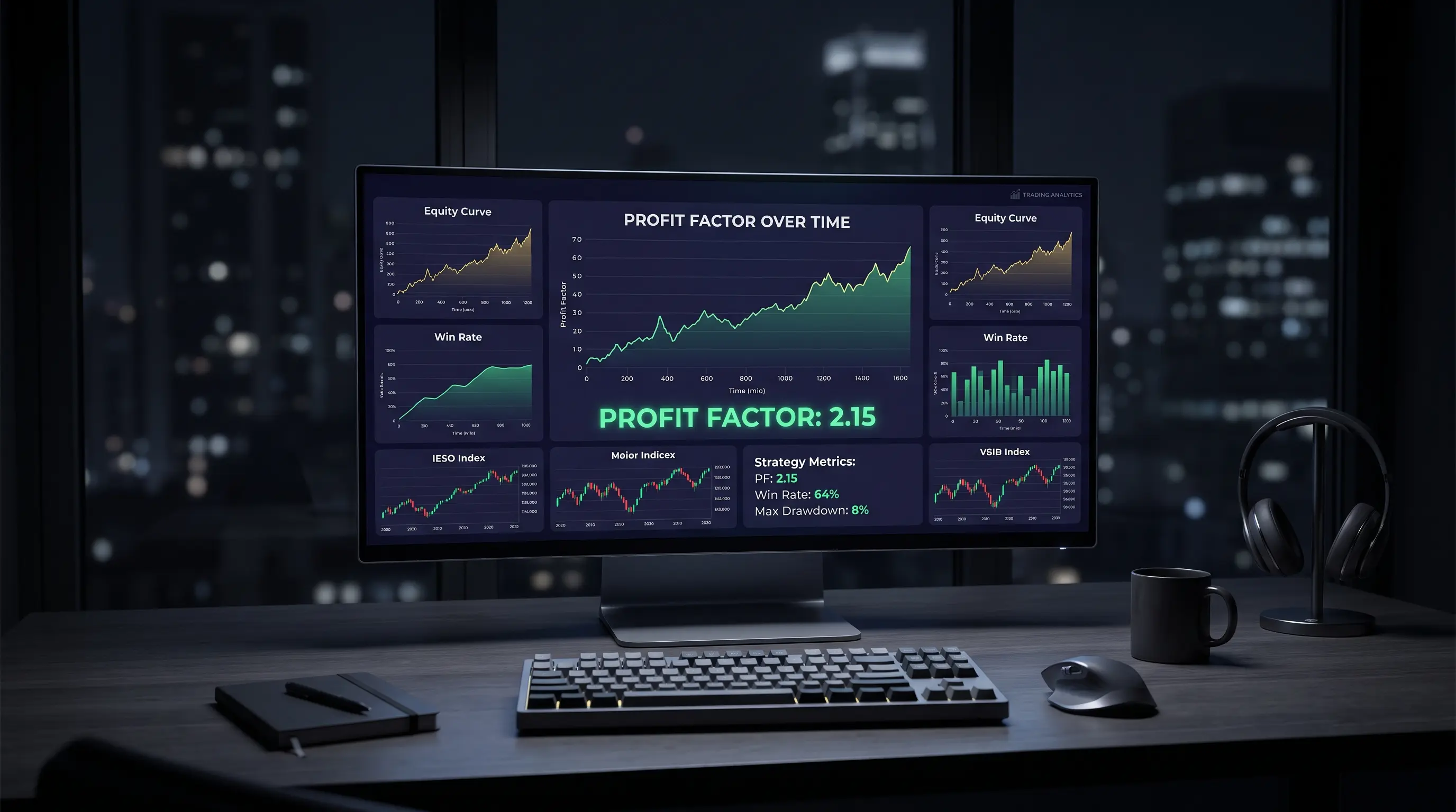 Trader reviewing profit factor and win rate metrics on a trading journal dashboard after the market close